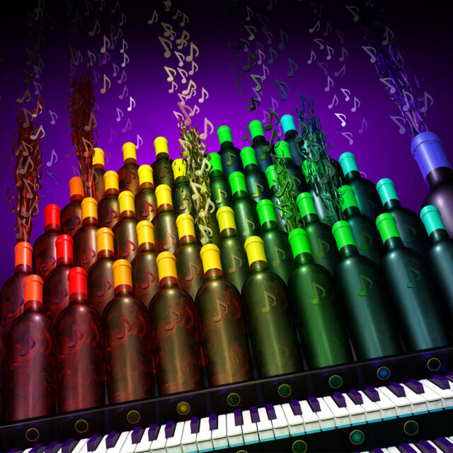 Wine bottles arranged to replicate pipe organ; bursting dimensional musical notes emanating from wine bottles